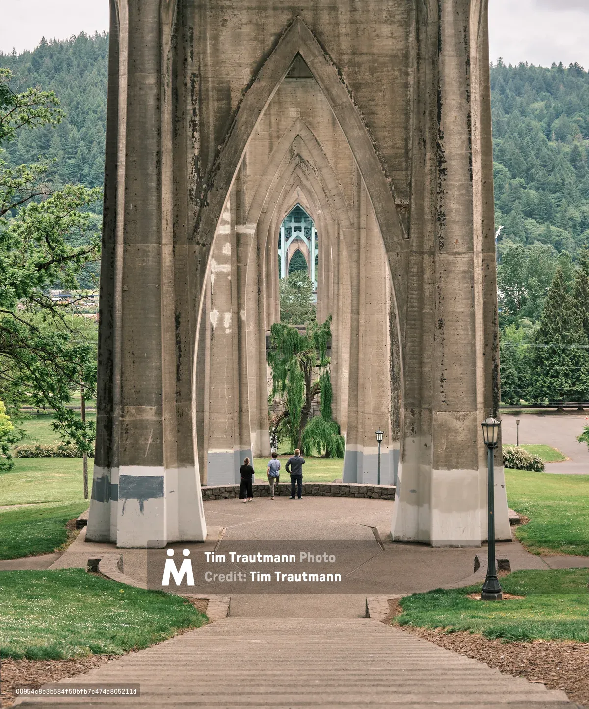 Three contemplative figures stand beneath the soaring Gothic arches of Portland's St. Johns Bridge, their silhouettes dwarfed by the weathered concrete pillars that frame Cathedral Park's verdant landscape. Afternoon light filters through the cathedral-like structure, casting gentle shadows across manicured lawns while the forested West Hills rise in the distance. The composition draws the eye through successive arches toward the Willamette River beyond, where a graceful weeping willow anchors the middle ground.