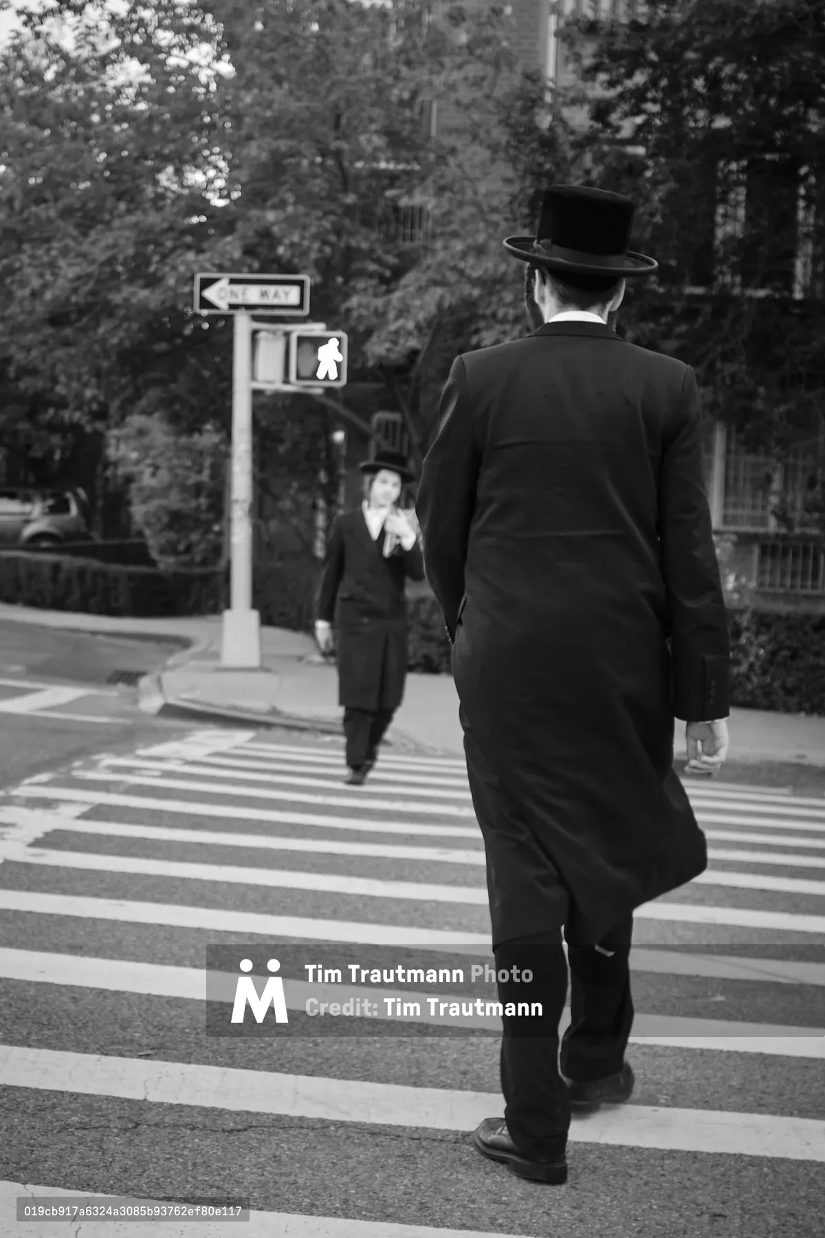 A black and white street photograph captures an intimate moment between two Orthodox Jewish males crossing a zebra-striped crosswalk in Williamsburg, Brooklyn. The foreground figure, wearing a traditional black coat and hat, dominates the frame with his back to the camera, while a younger person approaches from the opposite direction near street signage. Dappled sunlight filters through leafy trees, creating atmospheric contrast against the urban streetscape of this historic neighborhood.