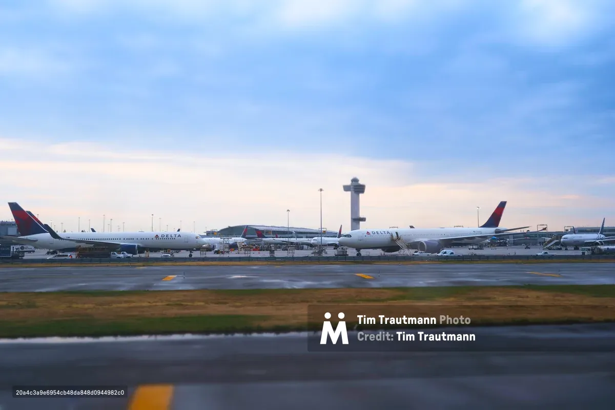Two Delta Air Lines aircraft rest on the tarmac at John F. Kennedy International Airport as dusk settles over Queens. The iconic control tower stands sentinel in the background while runway lights begin to pierce the deepening twilight. Motion blur in the foreground suggests the constant movement of airport operations, while the serene blue-pink sky creates a striking contrast against the industrial aviation landscape.