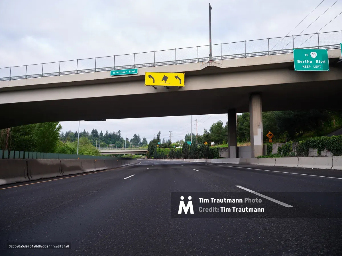 A view from beneath a concrete highway overpass showing Terwilliger Boulevard signage and directional arrows, with the roadway extending into the distance through a forested area in Portland's Hillsdale neighborhood. Green highway signs indicate routes to Bertha Boulevard and Highway 10.