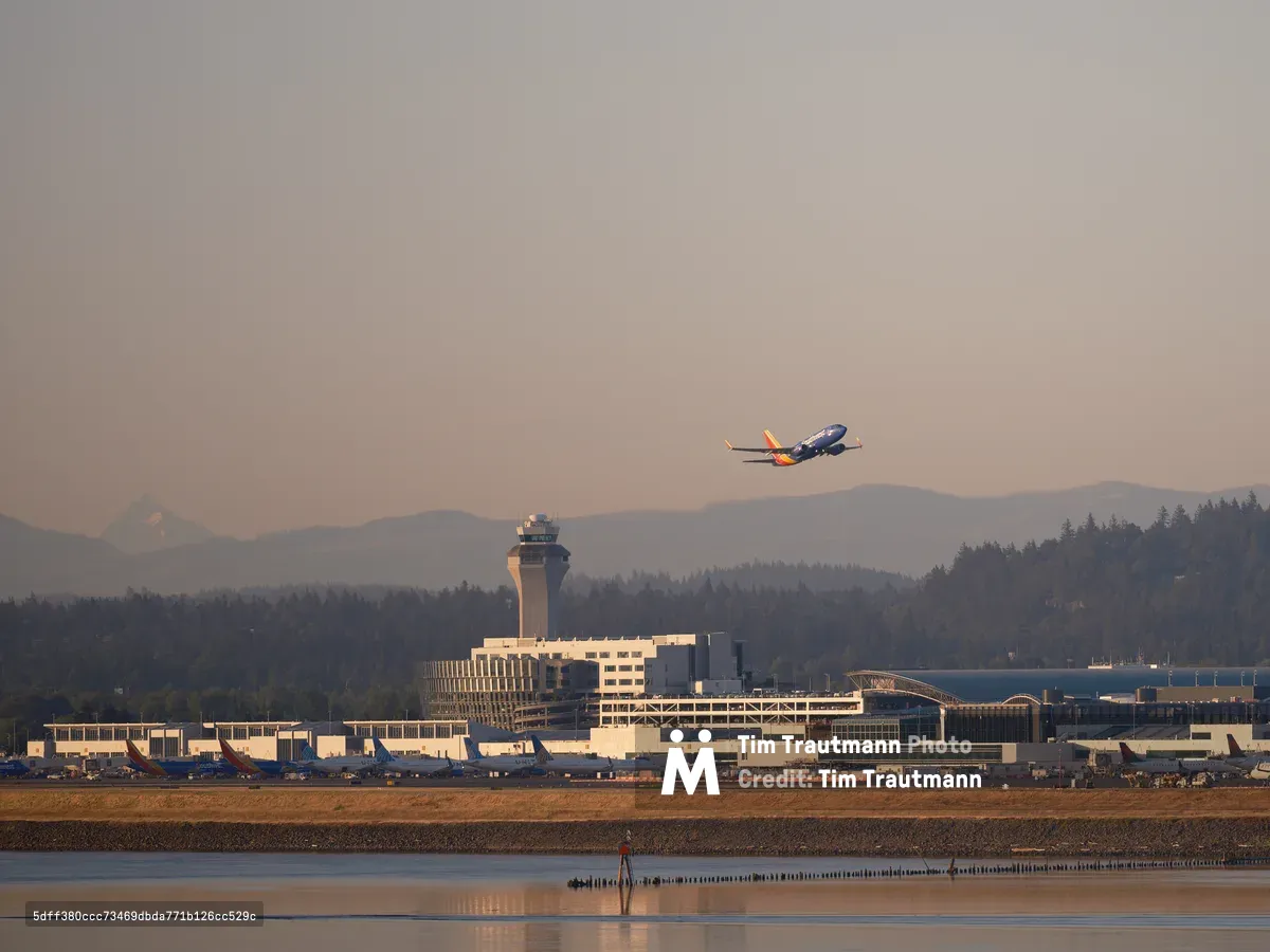 A Southwest Airlines aircraft takes off against a dramatic sunset sky above the Portland International Airport terminal and control tower, with forested hills and mountains visible in the background and calm water in the foreground.