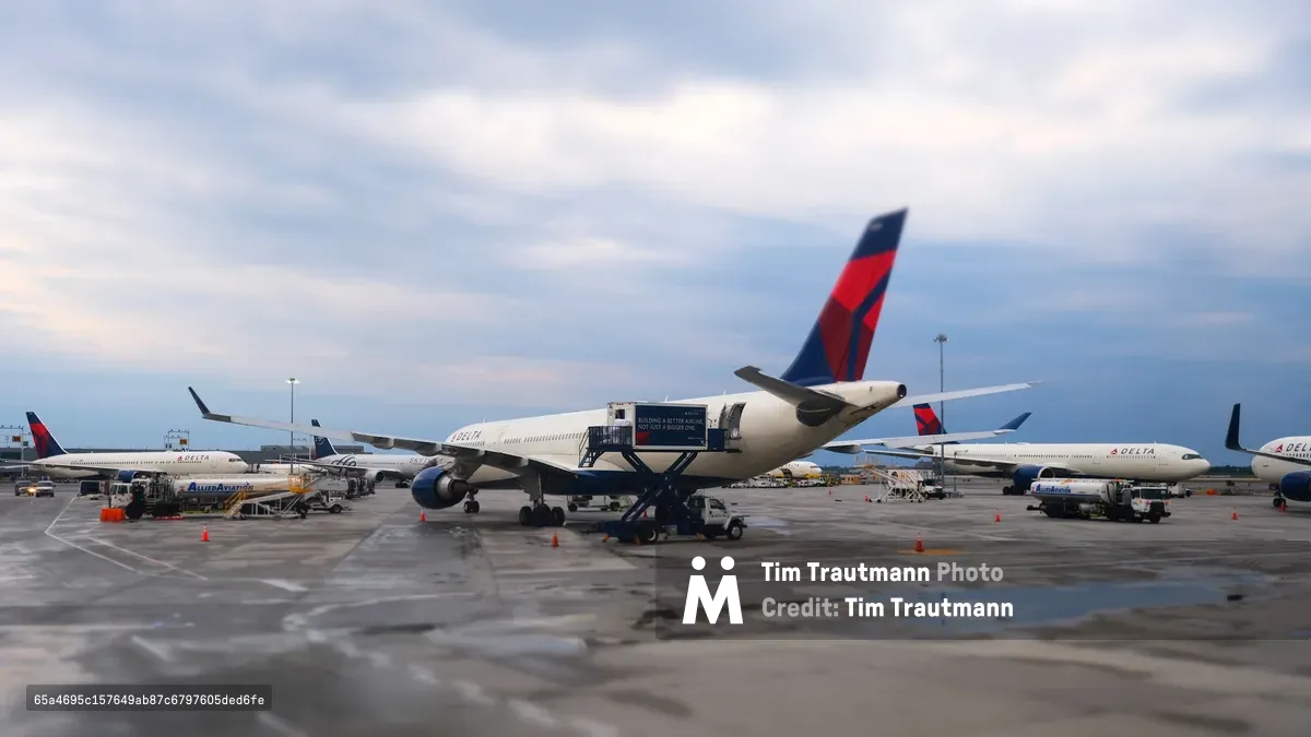 A Delta Air Lines wide-body aircraft dominates the rain-slicked tarmac at John F. Kennedy International Airport, its distinctive navy and red livery gleaming against the moody twilight sky. Ground support vehicles cluster around the aircraft while orange safety cones punctuate the wet concrete, creating a rhythmic pattern across the frame. The overcast heavens cast a silvery light that transforms the busy airport apron into an atmospheric tableau of modern aviation operations.
