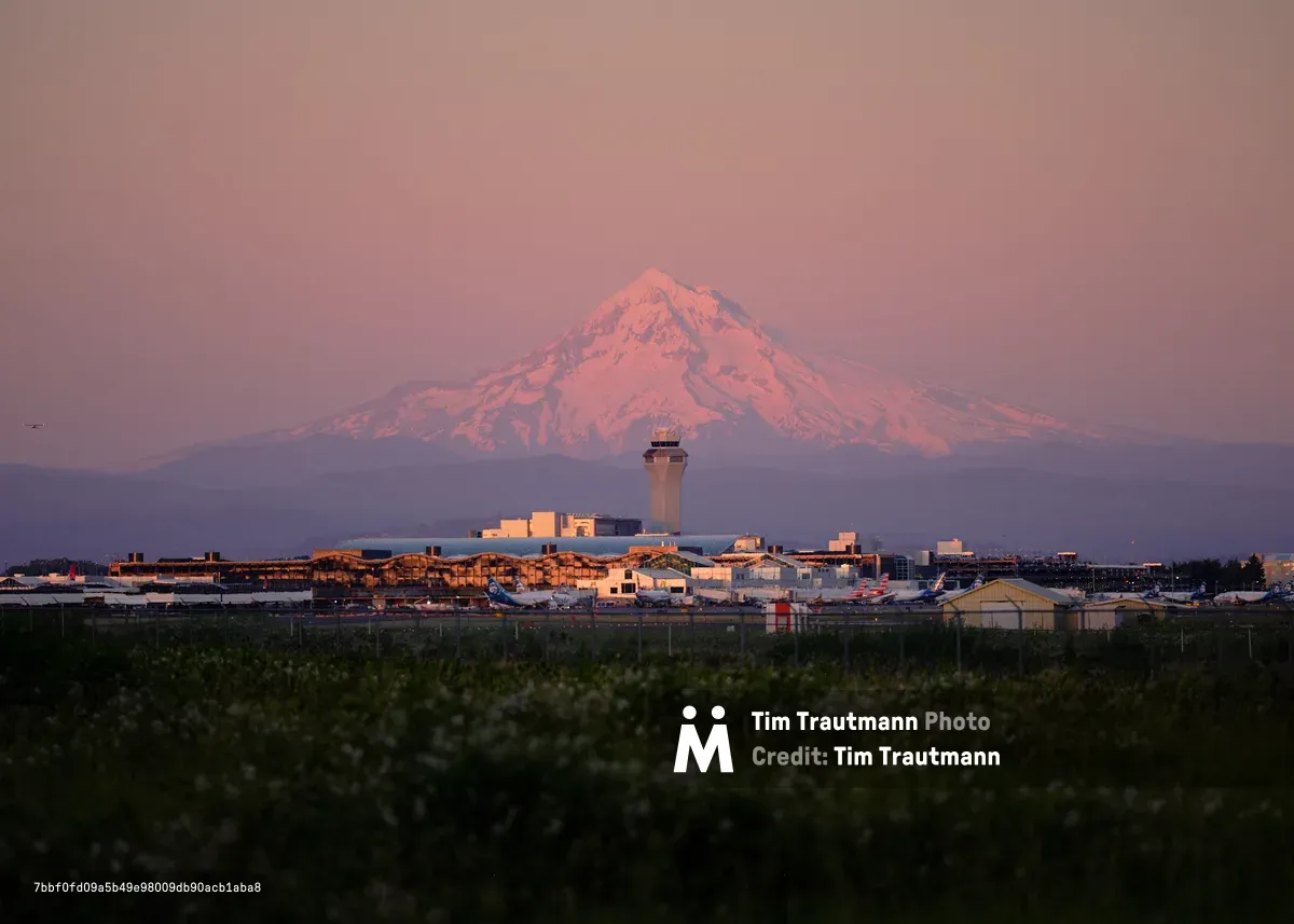 The snow-capped summit of Mount Hood catches the last blush of twilight, its glaciated faces glowing coral-pink against a dusky lavender sky. Below, Portland International Airport spreads across the Columbia River plain, its control tower and terminal buildings bathed in golden hour light while aircraft rest on the tarmac. The composition layers foreground vegetation, urban aviation infrastructure, and the majestic Cascade peak in perfect alignment, capturing the unique juxtaposition of Pacific Northwest wilderness and metropolitan connectivity.