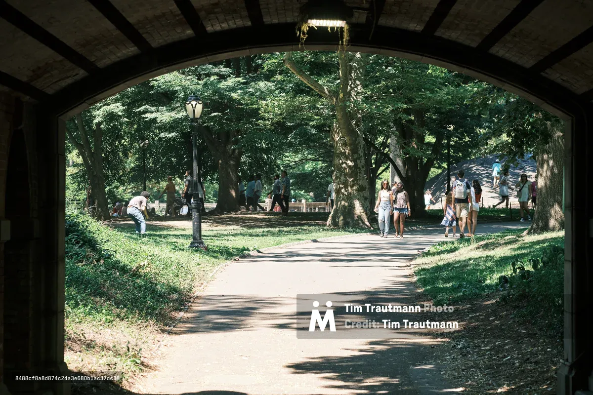 Framed by the shadowed arch of a stone bridge, families and couples emerge into dappled sunlight along Central Park's tree-lined pathways. The composition creates a natural vignette, where the dark tunnel opening contrasts dramatically with the bright summer scene beyond. Pedestrians stroll leisurely beneath towering canopies of green foliage, while children and adults gather on the sun-spotted lawns in this quintessential New York oasis. The interplay of light and shadow transforms an ordinary moment into a cinematic glimpse of urban park life.