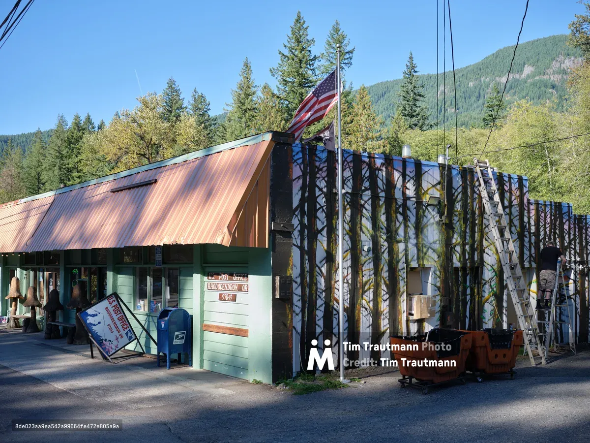 In the shadow of Oregon's Cascade Range, the weathered Rhododendron post office stands as a testament to rural American resilience. The building's patinated corrugated metal roof catches afternoon light while an American flag flies proudly above the modest mint-green structure. Towering Douglas firs frame the scene against azure skies, their ancient presence dwarfing the humble outpost that serves this mountain community along the Mount Hood Highway.