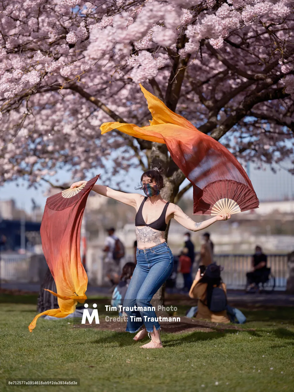 A masked performer moves gracefully through Tom McCall Waterfront Park, her flowing silk fans catching the golden light as they billow like flames against a canopy of delicate pink cherry blossoms. The dancer, wearing jeans and a dark top, creates a striking contrast between contemporary street style and traditional fan dance artistry. Behind her, the dreamy blur of spring visitors and the iconic waterfront setting frame this moment of cultural celebration in Portland's Old Town.