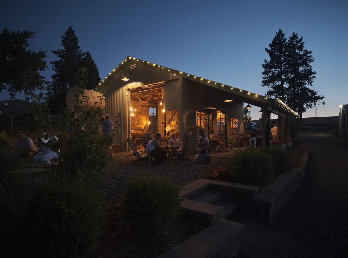 The exterior of the barn at Abbey Road Farm in Carlton, Oregon, photographed at dusk. The corrugated metal barn is strung with warm globe lights along its roofline, glowing invitingly against a deep blue twilight sky. Groups of guests relax on Adirondack chairs and benches on the gravel patio, socializing in the warm light spilling from the open barn interior. Tall evergreen trees flank the building, and lush garden plantings border a stone pathway in the foreground.