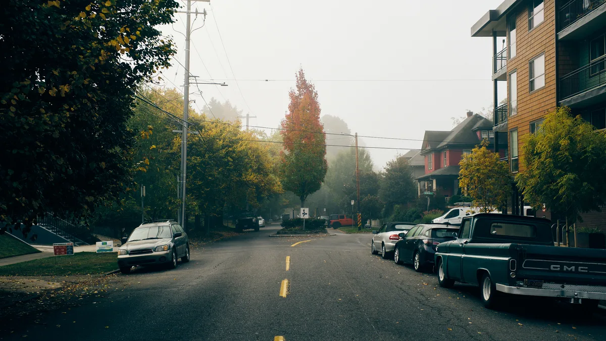 A misty autumn morning settles over Northeast Knott Street in Portland's historic Irvington neighborhood, where golden foliage creates a natural canopy above parked cars and modest residential architecture. The soft, overcast light filters through mature trees displaying their seasonal transformation, while utility lines stretch across the quiet street scene. Mixed-era vehicles line both sides of the asphalt roadway, from a weathered sedan to a sturdy pickup truck, capturing the authentic character of this established Portland community.