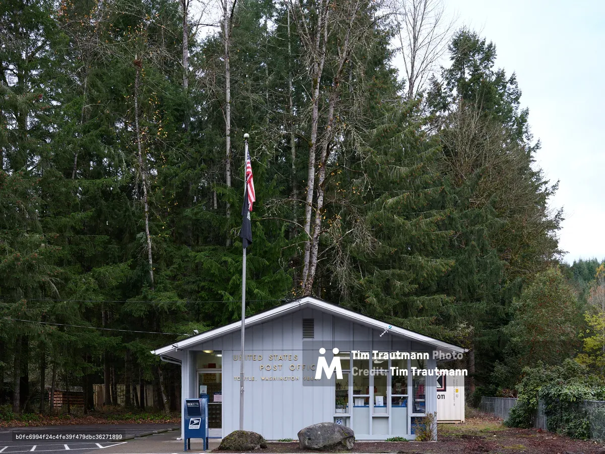A modest white postal facility stands sentinel beneath towering evergreens along Washington's Spirit Lake Highway, its simple gabled architecture dwarfed by the dense coniferous canopy. The American flag hangs solemnly from a tall pole, while the overcast sky creates a muted, contemplative atmosphere typical of the Cascade foothills. Weathered boulders anchor the building's landscaping, and the facility's essential role as a community hub is evident in its tidy, functional design against the wild forest backdrop.