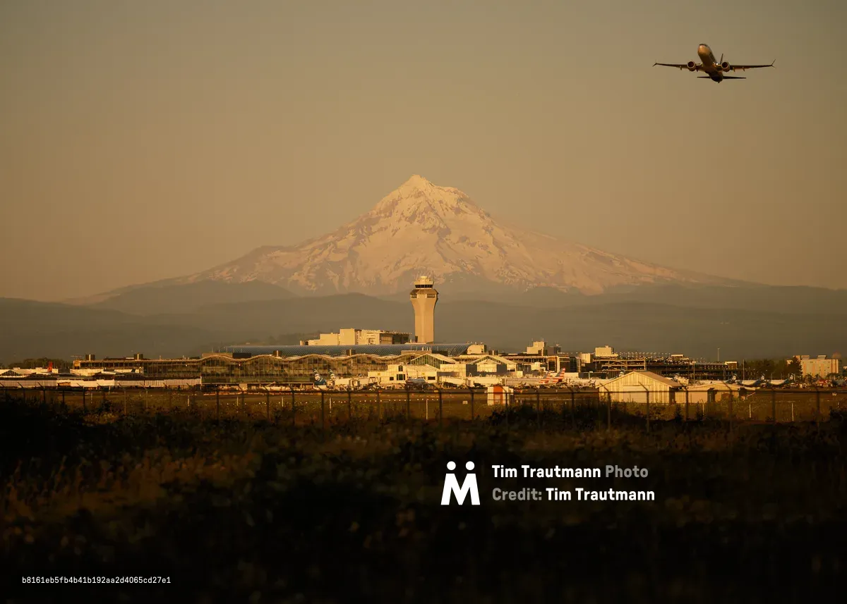 A commercial aircraft ascends into the amber-washed sky above Portland International Airport, silhouetted against the imposing snow-capped peak of Mount Hood. The golden hour light bathes the airport's control tower and terminal buildings in warm honey tones, creating a striking contrast between human aviation infrastructure and Oregon's volcanic sentinel. Captured from the Sunderland neighborhood, this image transforms a routine departure into a cinematic moment where technology meets wilderness.