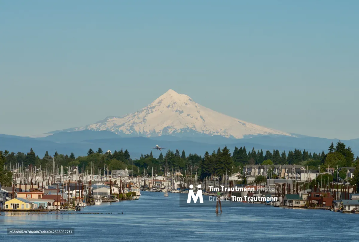 Mount Hood's snow-capped peak dominates the distant horizon beyond Portland's North Harbor, where floating homes and marinas line the Columbia River's protected channels. A commercial aircraft climbs into the pale blue sky from nearby Portland International Airport, while the foreground reveals an intimate waterfront community of colorful houseboats and recreational vessels. The serene waterway reflects the afternoon light, creating a harmonious blend of urban aviation, maritime living, and Oregon's iconic volcanic sentinel.