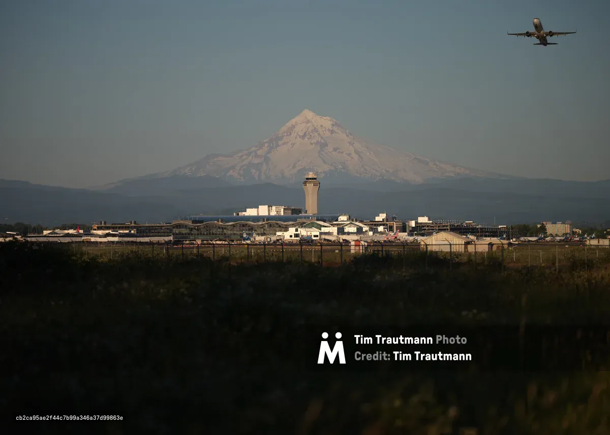 Golden hour light bathes Mount Hood's snow-capped peak as it towers majestically behind Portland International Airport's sprawling terminals and iconic control tower. A commercial airliner cuts across the hazy sky in the upper right frame, while the airport's geometric infrastructure creates strong horizontal lines against the mountain's dramatic vertical presence. The foreground vegetation frames the scene in deep shadows, emphasizing the luminous quality of the distant volcanic summit.
