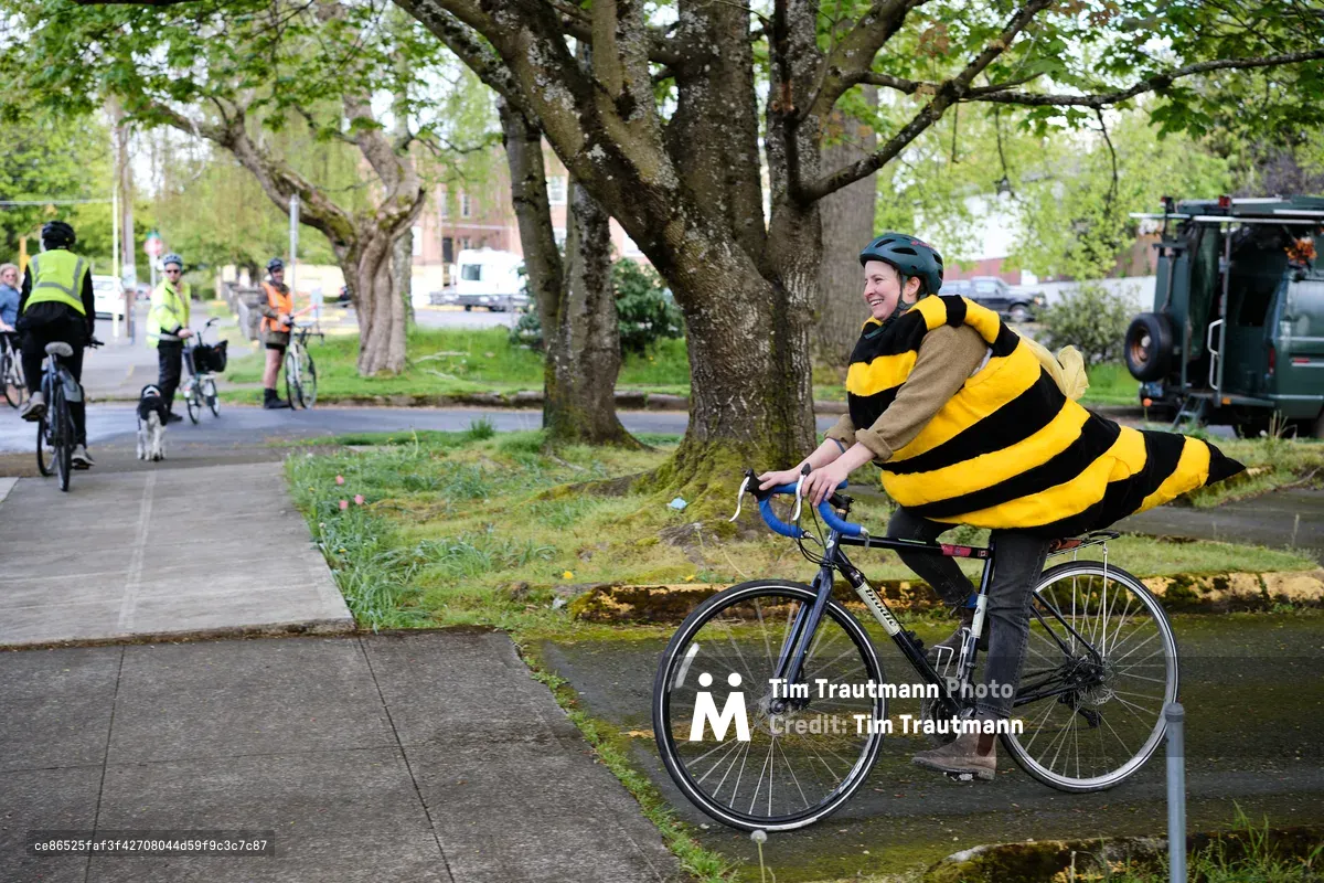 A smiling cyclist wearing a yellow and black striped bee costume rides a bicycle on a tree-lined street in Portland's Buckman neighborhood. Other cyclists in safety vests can be seen in the background, suggesting this is part of a community cycling event or parade.