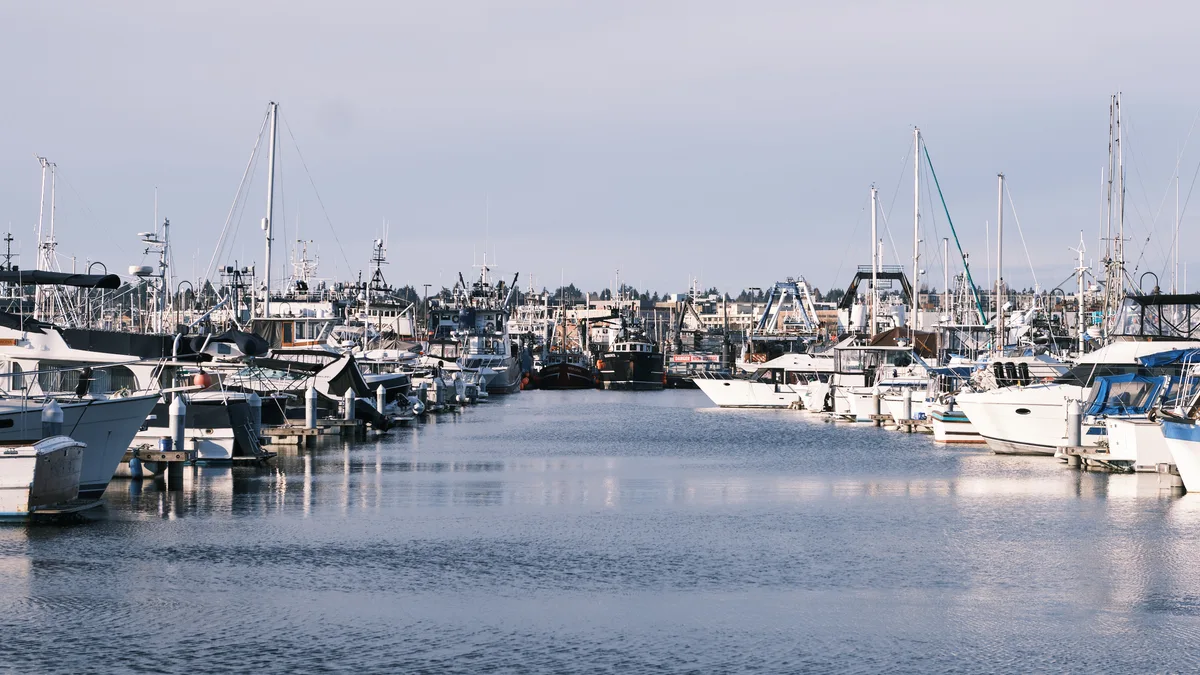 A crystalline morning unfolds across the protected waters of Seattle's Fishermen's Terminal, where commercial fishing vessels and pleasure craft rest in perfect stillness. The overcast Pacific Northwest sky casts a silvery luminescence across the harbor, creating mirror-like reflections that double the forest of masts and rigging. Working boats with weathered hulls stand alongside pristine white yachts, their vertical lines creating a rhythmic composition against the distant shoreline of residential buildings and evergreen trees.