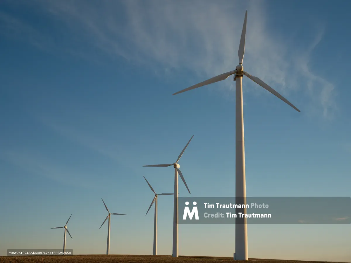 A line of towering wind turbines stretches across the rolling wheat fields of Gilliam County, Oregon, their white towers creating a striking geometric progression against the expansive blue sky. The composition captures the turbines at varying distances, with the nearest turbine dominating the right side of the frame while others recede into the hazy horizon. Wispy clouds drift across the gradient sky that transitions from deeper blue at the top to pale cream near the horizon, while the golden-brown agricultural landscape anchors the scene below.