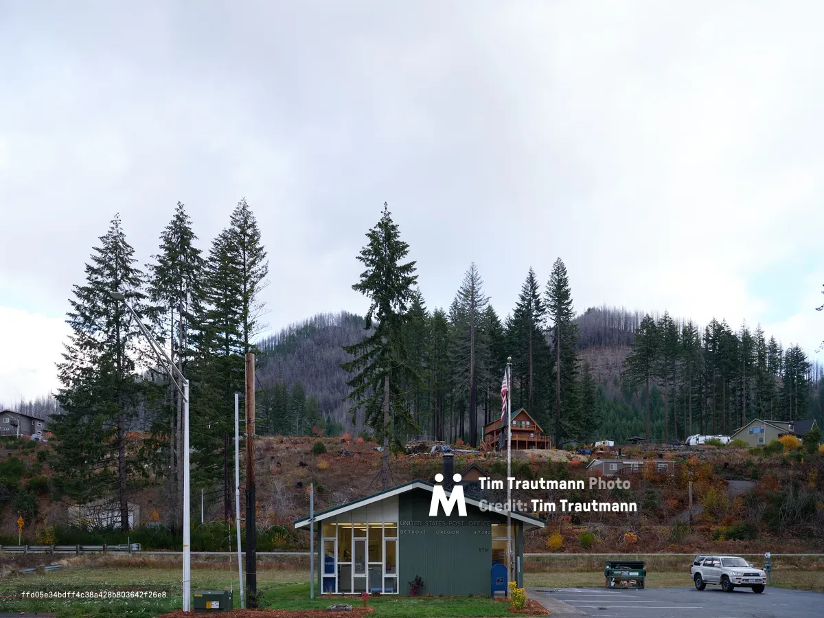 A modest single-story United States Post Office sits beneath towering evergreen-covered hills in Detroit, Oregon, its sage green exterior echoing the forest's palette. The building stands as a quiet sentinel of rural connectivity, with an American flag marking its federal presence against the dramatic backdrop of the Cascade foothills. Autumn's touch is visible in the scattered deciduous trees dotting the hillside, their amber and rust tones creating a warm counterpoint to the dominant conifers. The overcast sky and utility poles frame this quintessential small-town scene, where government service meets wilderness.