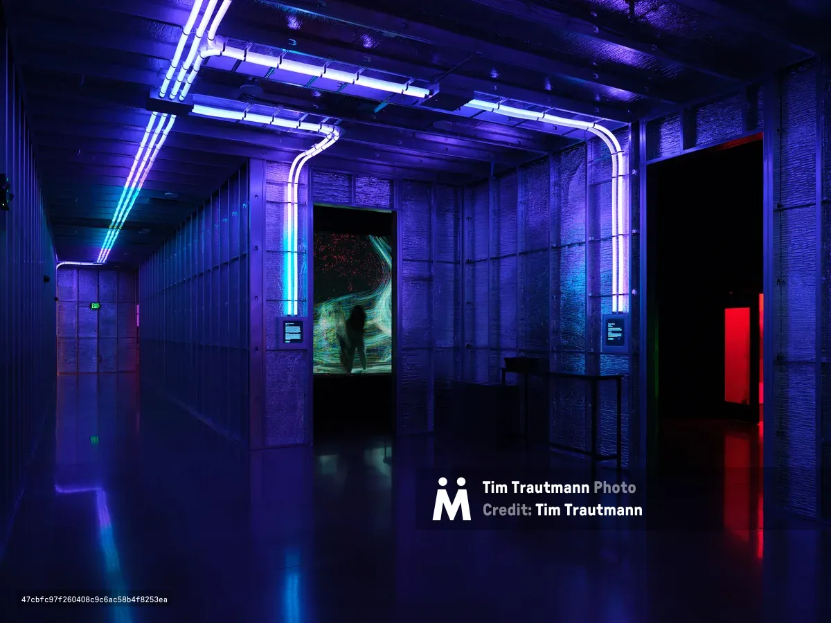 A modern gallery interior bathed in dramatic blue and purple neon lighting, featuring curved neon tubes along concrete walls and ceiling, with a reflective floor and an illuminated display screen visible in the background. The space has an industrial, cyberpunk aesthetic with clean architectural lines and atmospheric lighting creating a futuristic ambiance.