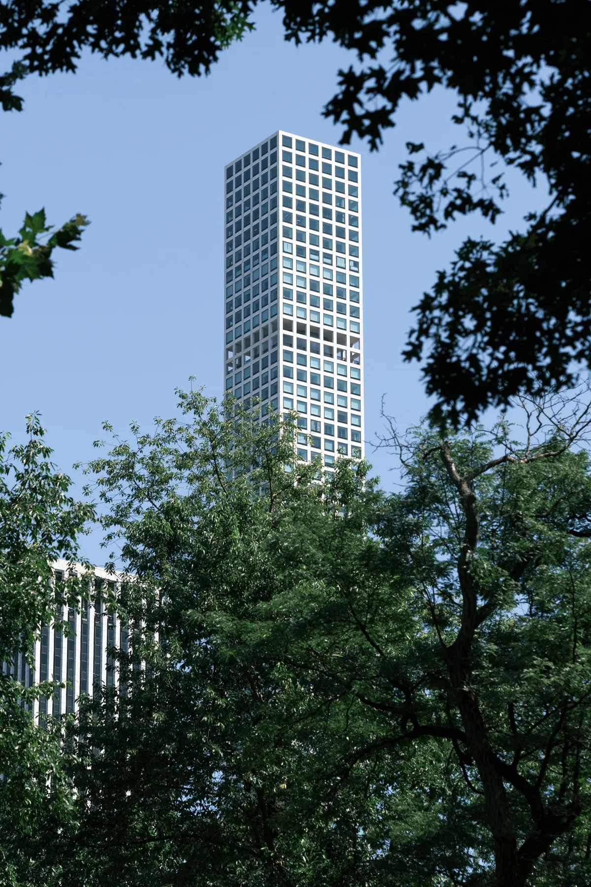 A sleek glass residential tower pierces the sky beyond Central Park's verdant canopy, its geometric facade creating a striking contrast against the organic forms of mature maple and oak branches. The modernist high-rise, captured through a natural frame of summer foliage, exemplifies Manhattan's vertical density rising from one of the world's most treasured urban green spaces. Soft overcast light filters through the leaves, creating dappled shadows while the building's repetitive window grid suggests the rhythmic pulse of city life.