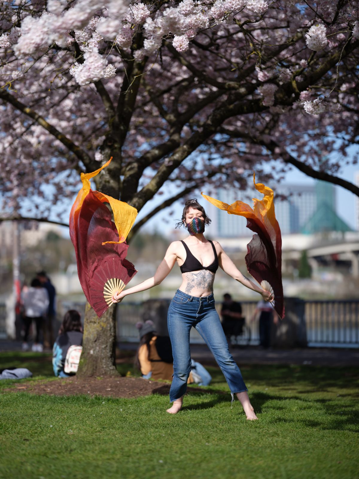 A masked performer executes an expressive dance with flowing silk fans beneath the blush-pink canopy of cherry blossoms at Tom McCall Waterfront Park. The dancer, barefoot on emerald grass, creates dynamic movement with burgundy and golden silk that mirrors the delicate petals overhead. Dappled sunlight filters through the flowering branches, casting gentle shadows while distant park visitors create a soft backdrop of urban spring leisure in Portland's historic Old Town district.