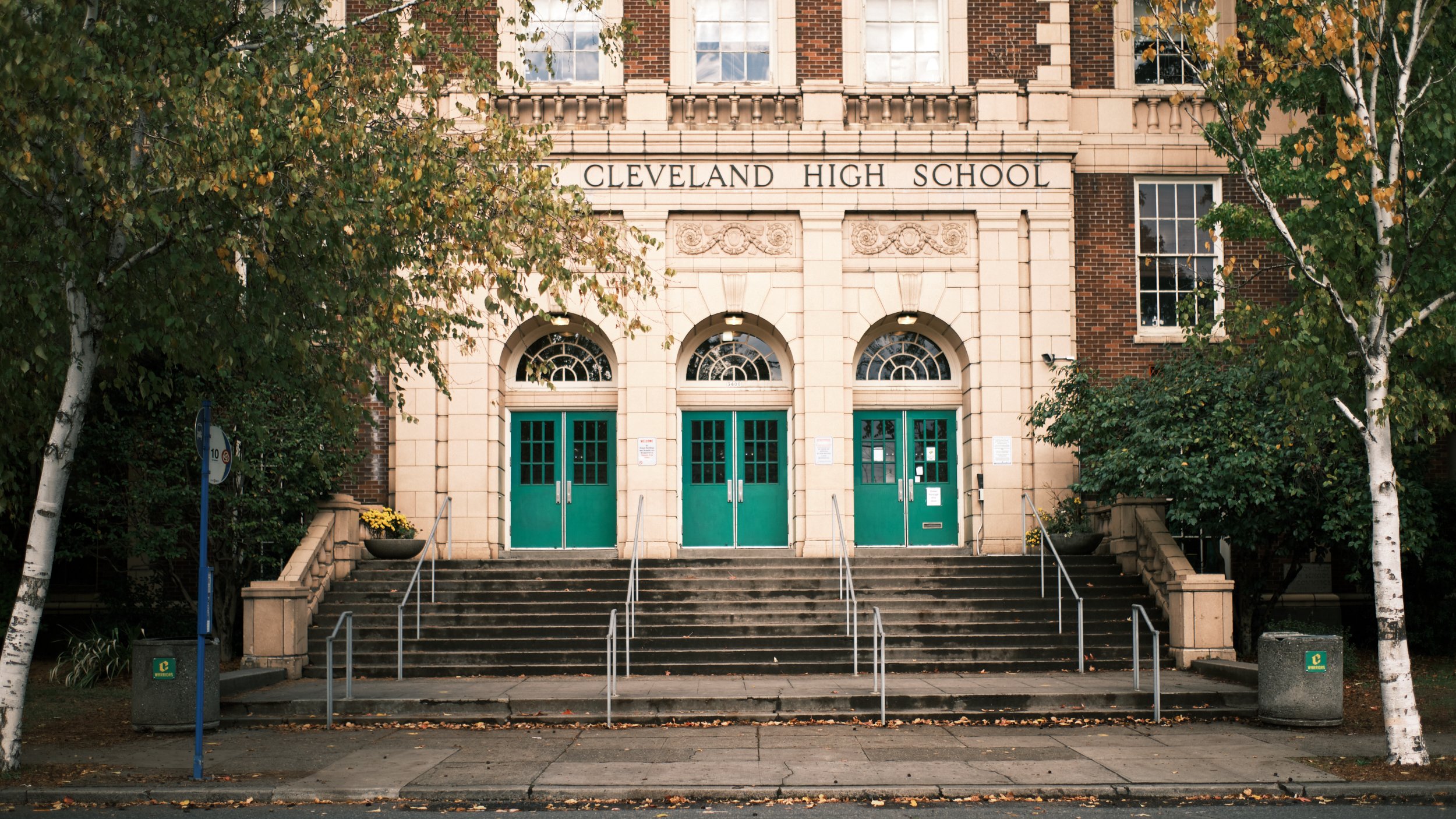 The main entrance to Grover Cleveland High School in Portland, Oregon.