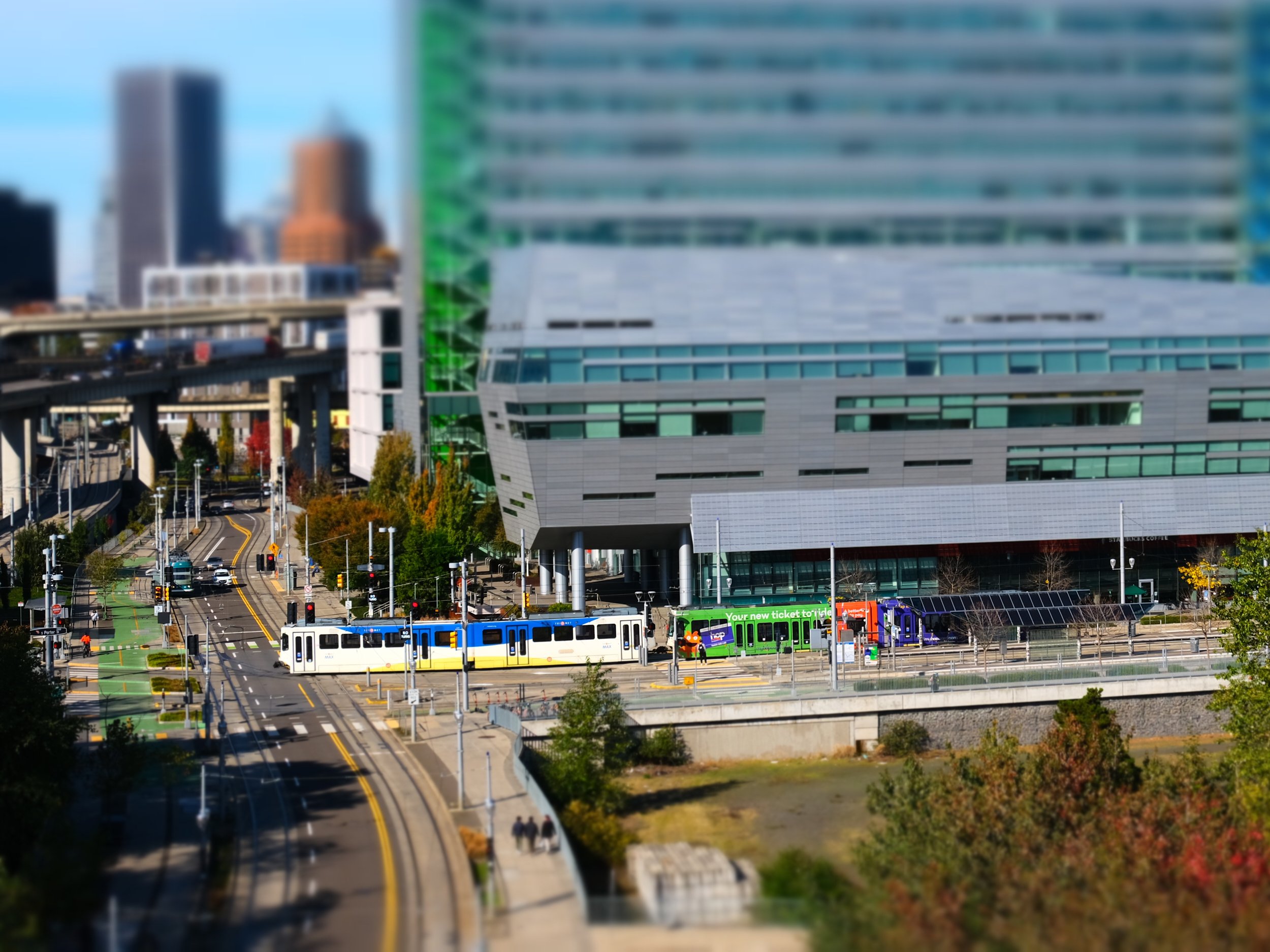 A tilt-shift view of Oregon Health and Science University Skourtes Tower in South Portland, Oregon.