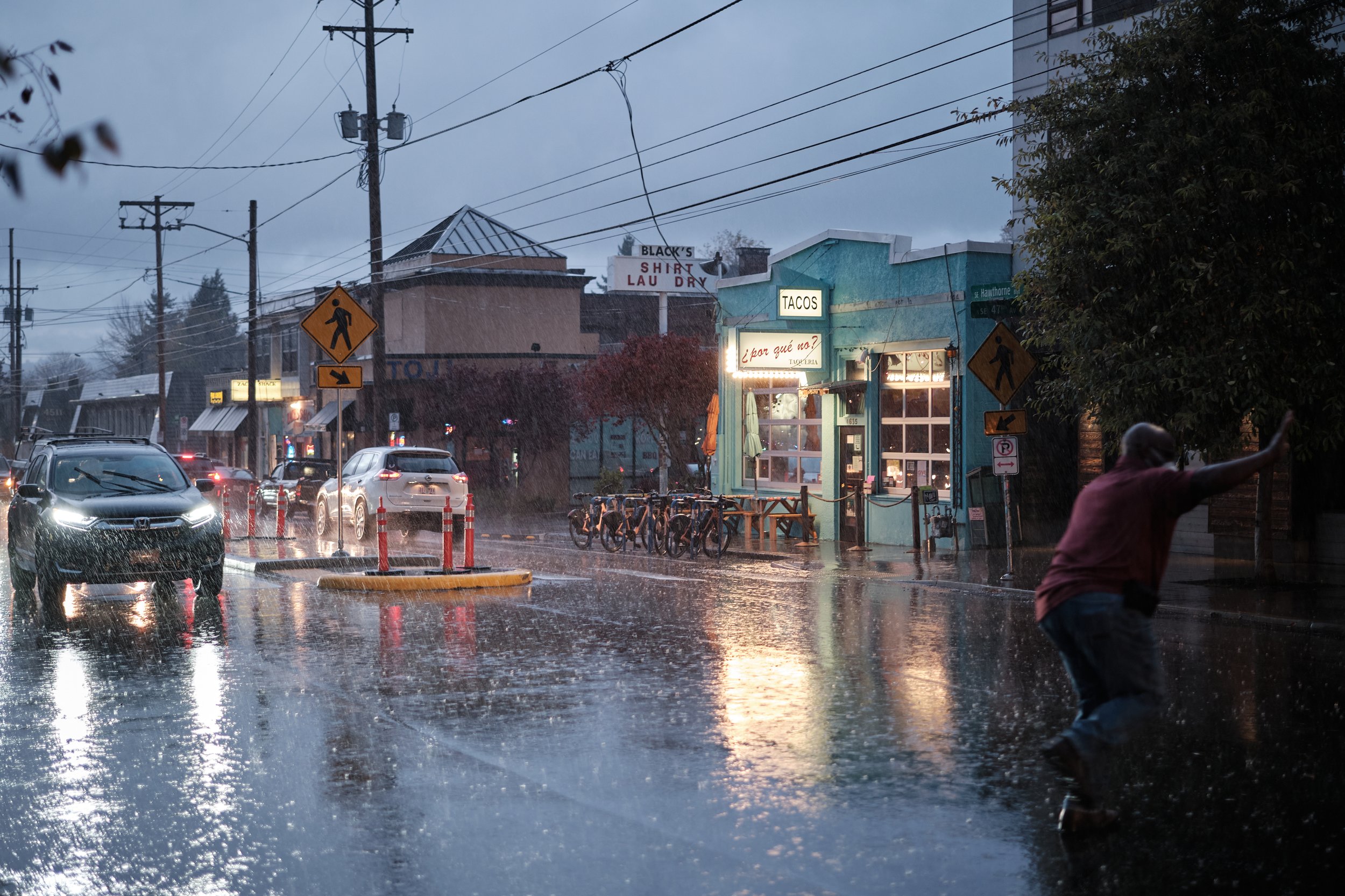 Por Que No Tacos on Hawthorne Boulevard in Portland, Oregon on a rainy winter day.
