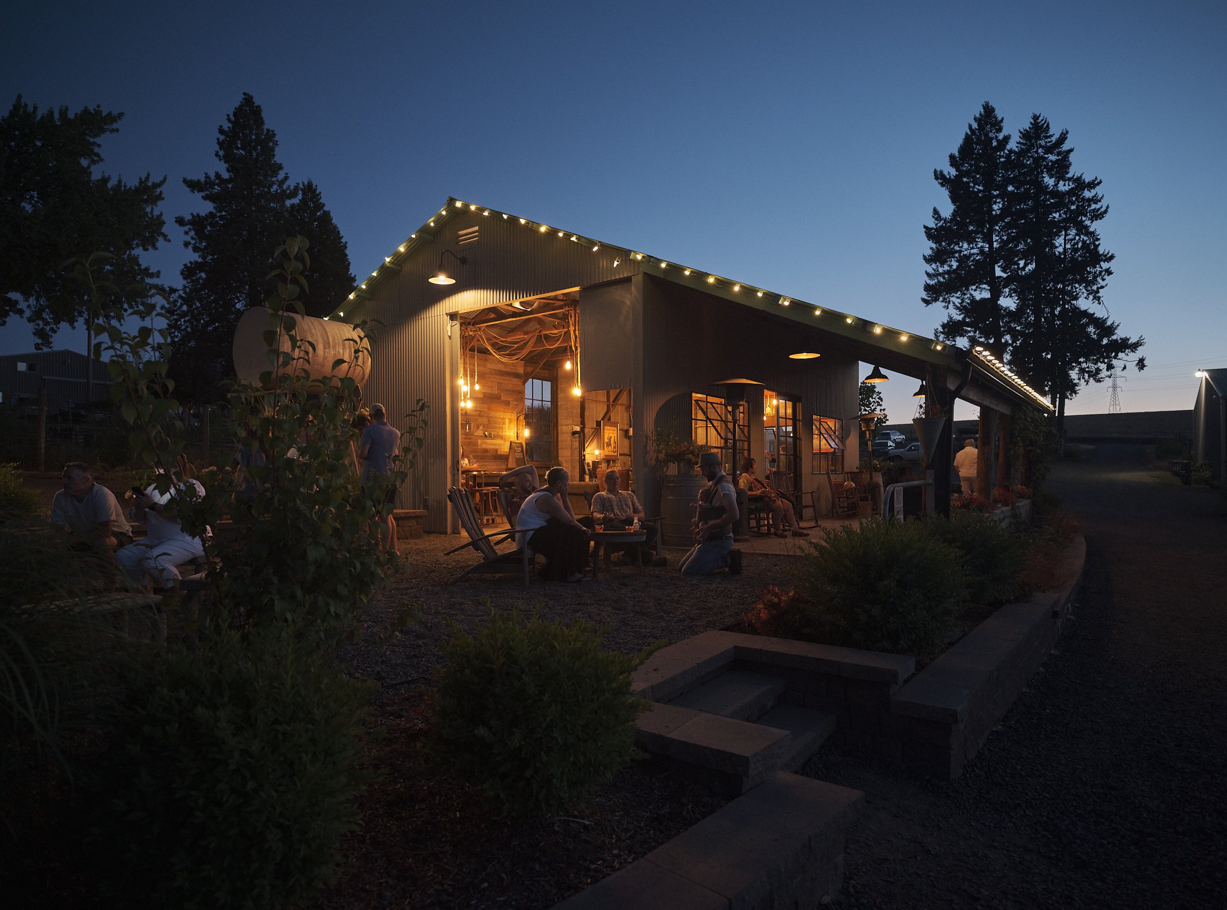 The exterior of the barn at Abbey Road Farm in Carlton, Oregon, photographed at dusk. The corrugated metal barn is strung with warm globe lights along its roofline, glowing invitingly against a deep blue twilight sky. Groups of guests relax on Adirondack chairs and benches on the gravel patio, socializing in the warm light spilling from the open barn interior. Tall evergreen trees flank the building, and lush garden plantings border a stone pathway in the foreground.