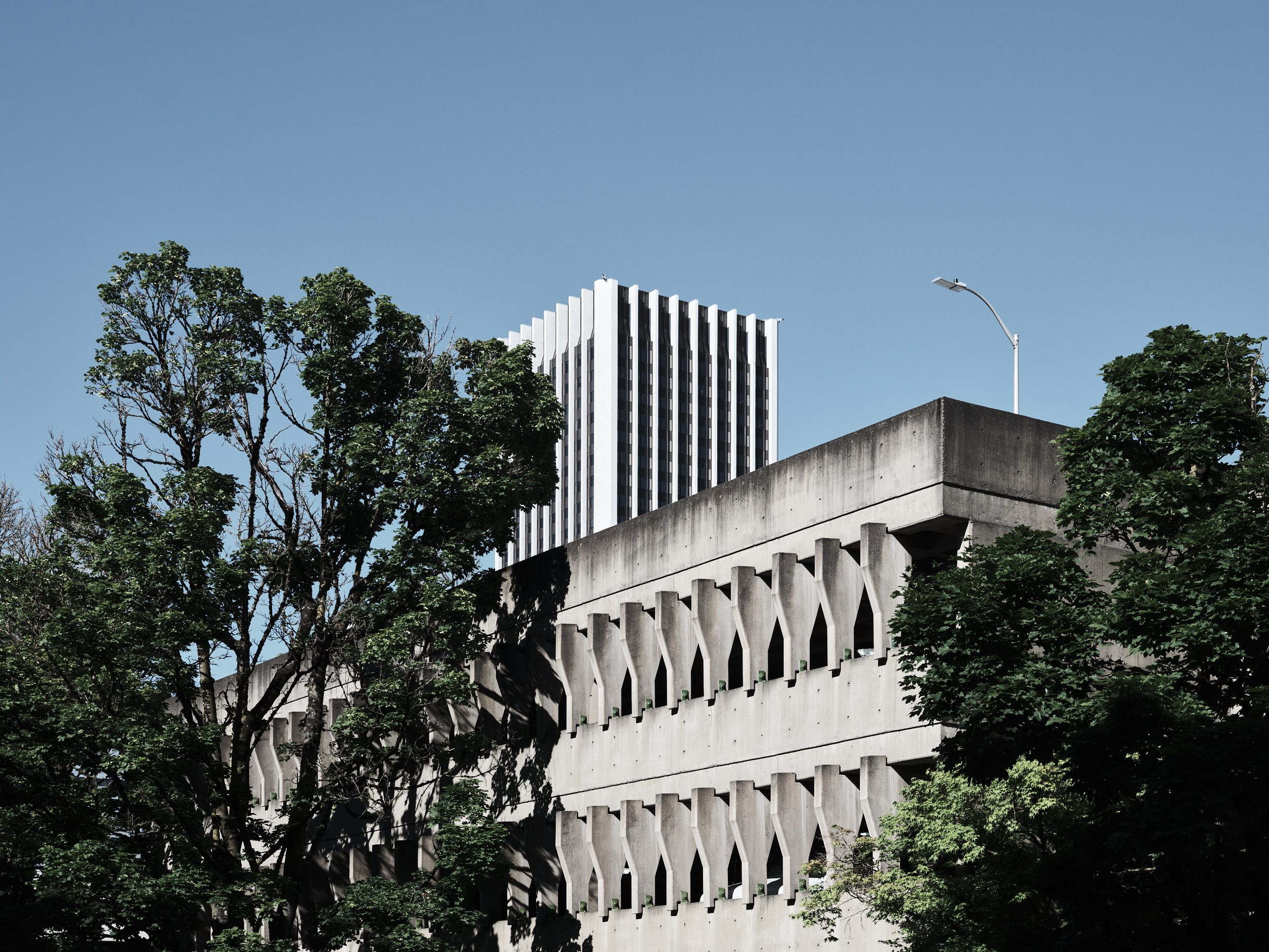 A striking example of Brutalist architecture at Portland State University in downtown Portland, Oregon, featuring a concrete building with repetitive arched openings and geometric patterns. The raw concrete structure is framed by lush green trees under a clear blue sky, with a modern white high-rise building visible in the background.