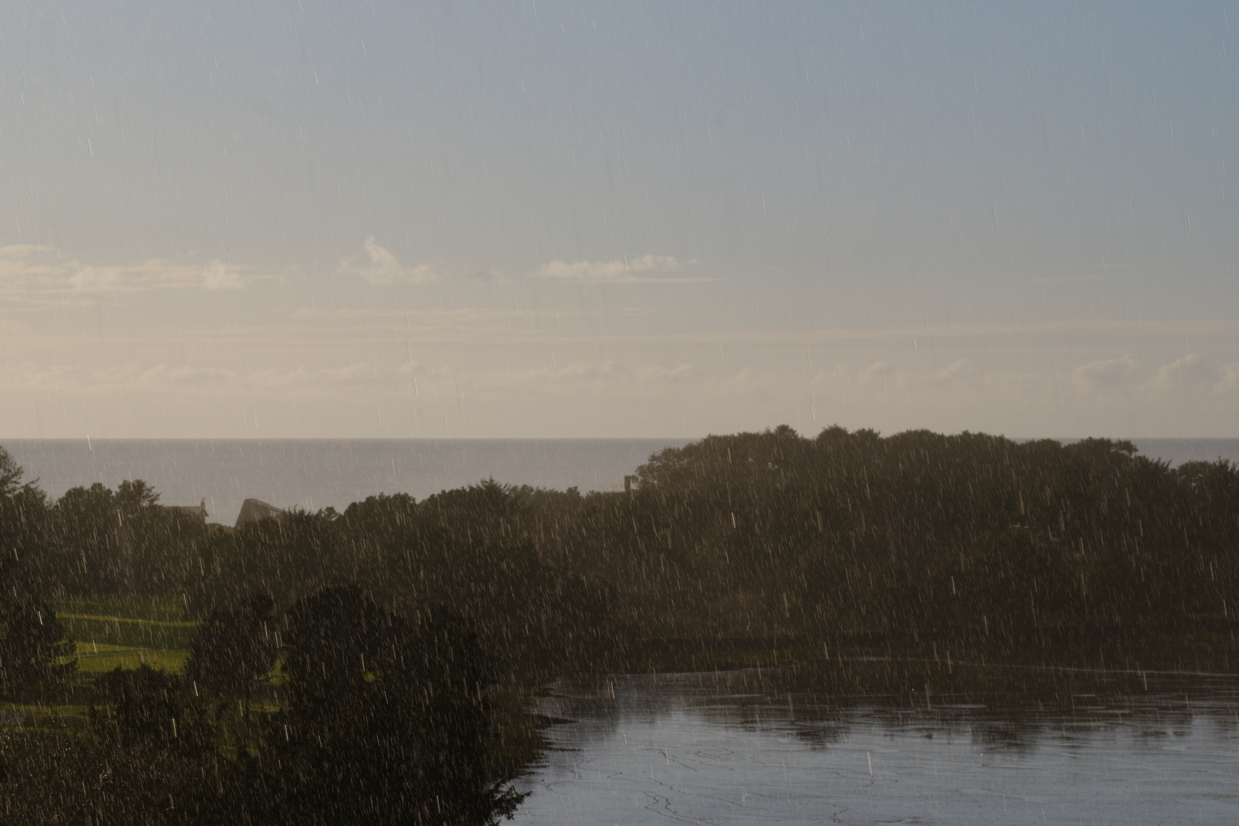 A dramatic scene of intense rainfall falling over a forested coastal landscape in Gleneden Beach, Oregon, with visible rain streaks across the frame, dark storm clouds overhead, and a body of water in the foreground reflecting the moody sky.